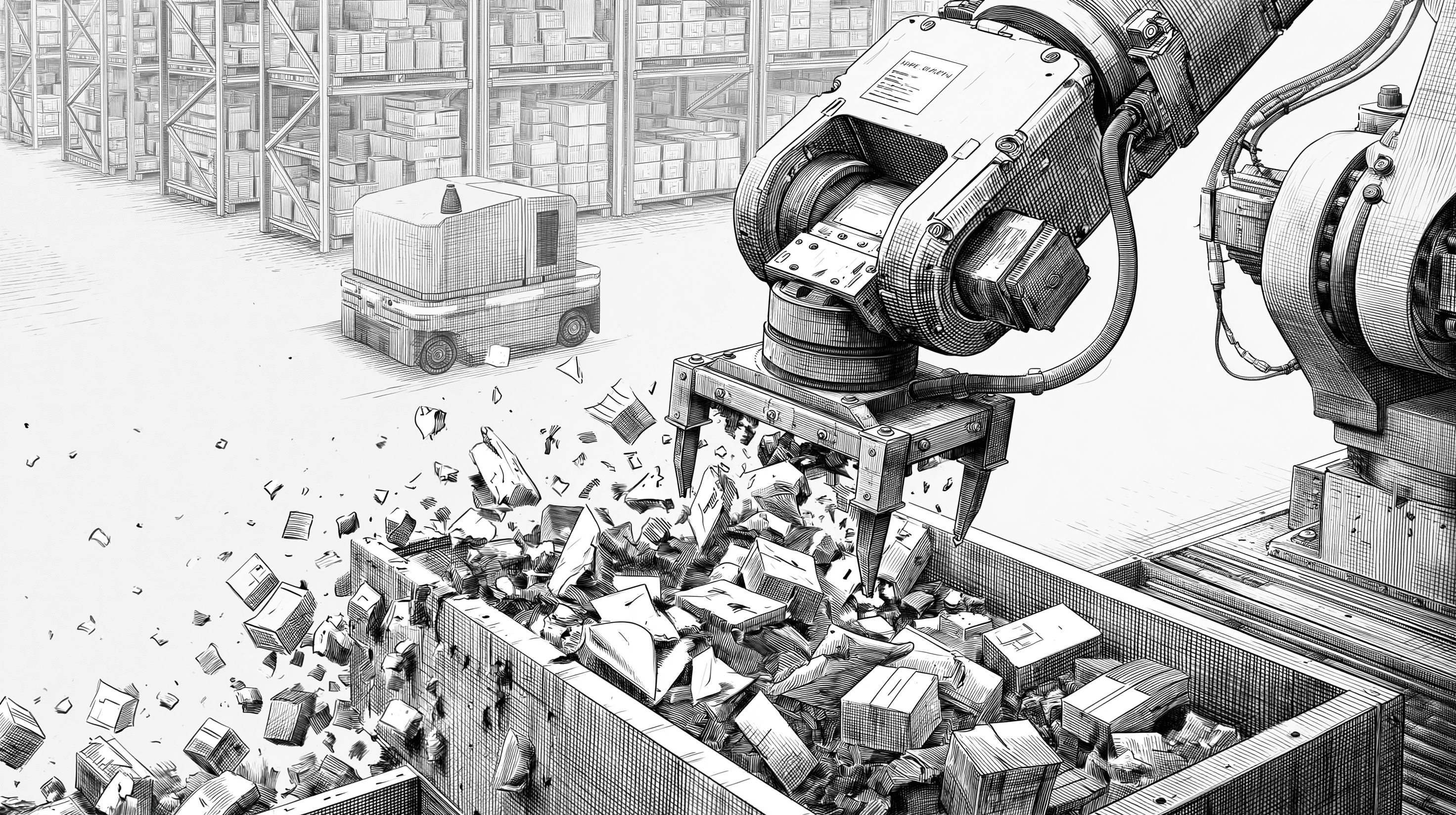 Monochrome engraving of an industrial robotic arm in a fulfillment warehouse, packages mid-air dissolving into chaotic sketch lines
