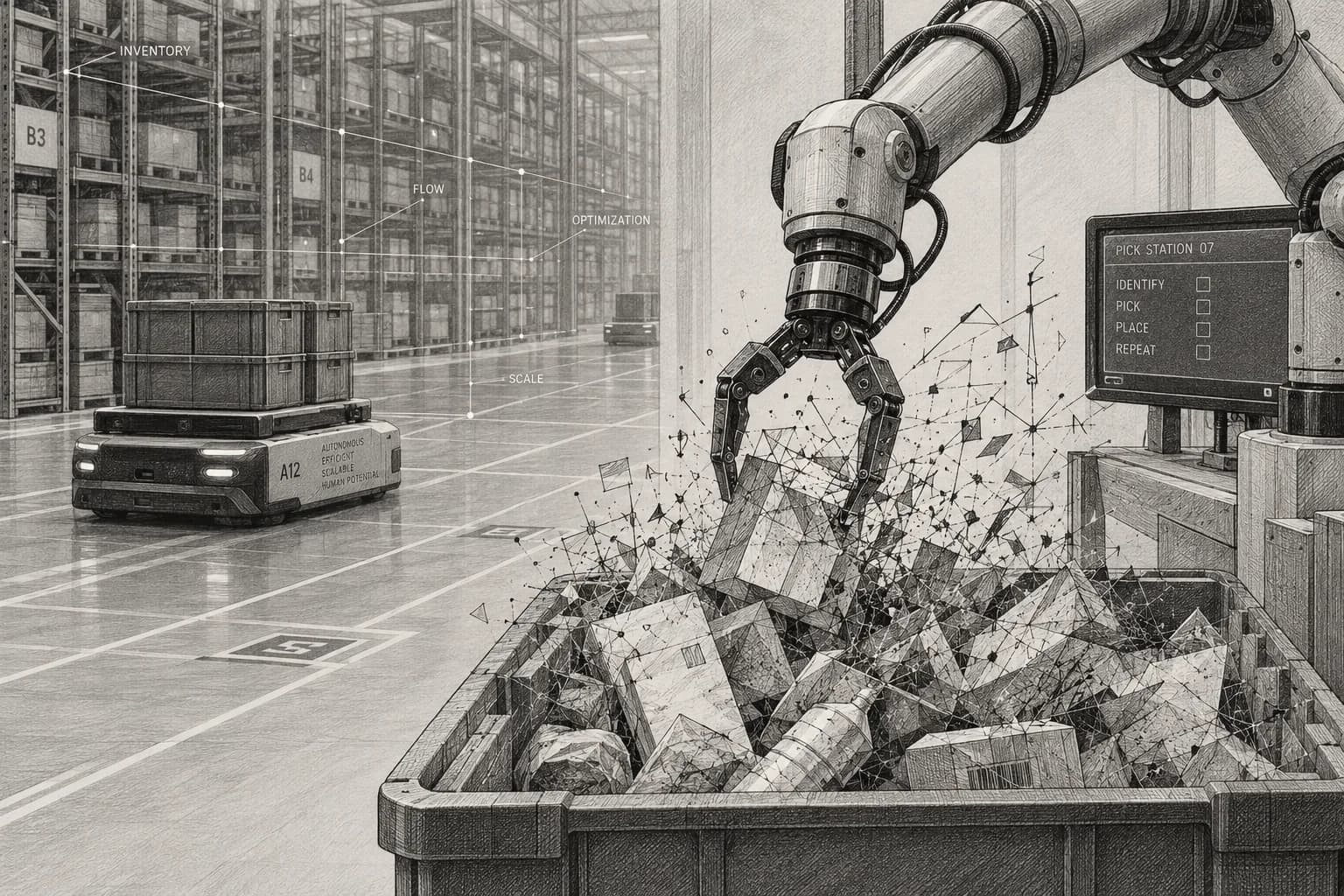 Pencil engraving of a robotic arm reaching into a bin of parcels. The parcels at the gripper dissolve into scattered line fragments while an autonomous mobile robot glides through the warehouse behind.